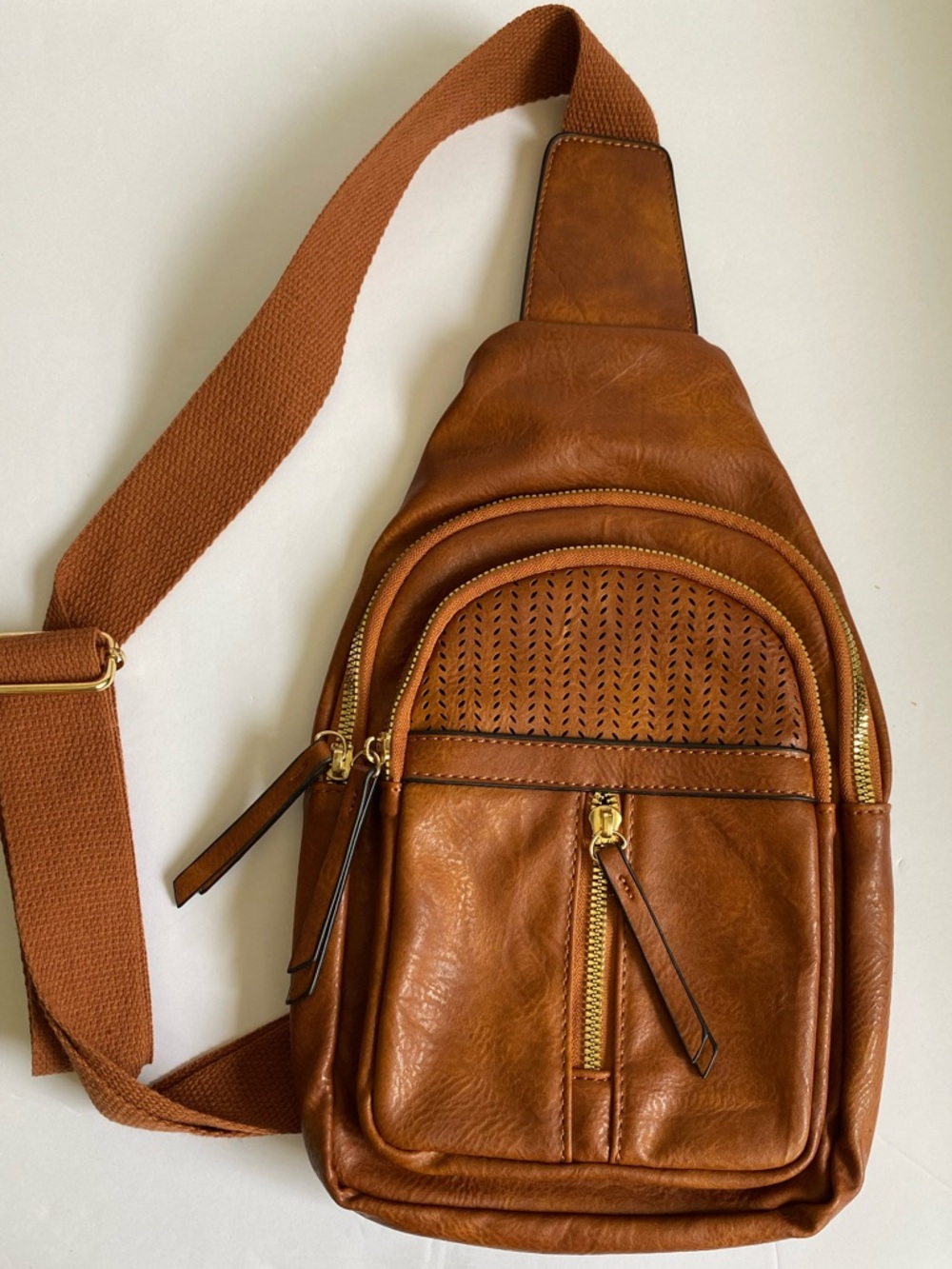 Sling Crossbody Tan Caramel Bag - Gold Tone Zippers & Perforated Front Design